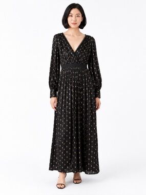 Little Mistress Black & Gold Foil Leaf Pleated Maxi Dress UK 8 US 4 NWT